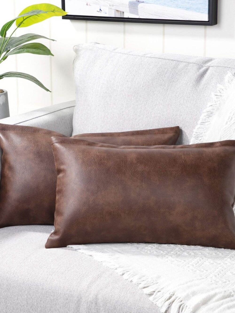 Set of 2 Lumbar Faux Leather Decorative Throw Pillow Covers Modern Solid Outdoor
